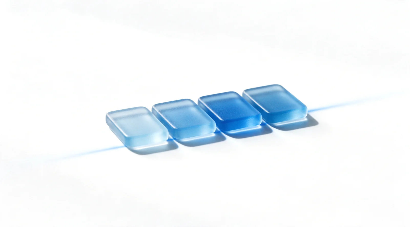 Four frosted blue glass tiles gathered in one row on a white studio ground